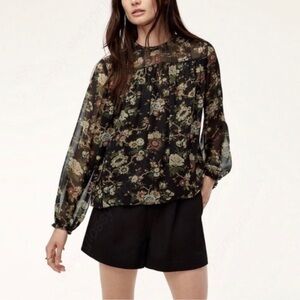 Aritiza Size XXS Wilfred Lourdes Floral blouse, greens, black, earthy tones